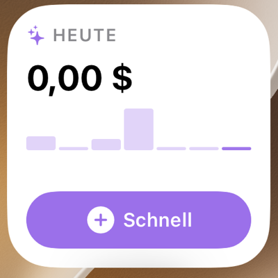 Das SpendPal-Widget auf dem Home-Bildschirm: die heutige Summe, die Woche als Balken und eine Taste „Schnell“