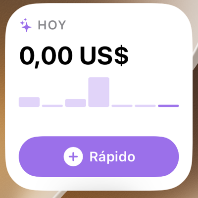 El widget de SpendPal en la pantalla de inicio: el total de hoy, la semana en barras y un botón Rápido