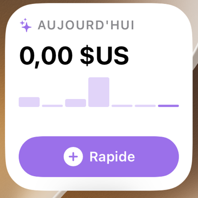 Le widget SpendPal sur l’écran d’accueil : le total du jour, la semaine en barres et un bouton « Rapide »