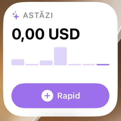 Widgetul SpendPal pe ecranul principal: totalul de azi, săptămâna sub formă de bare și un buton Rapid