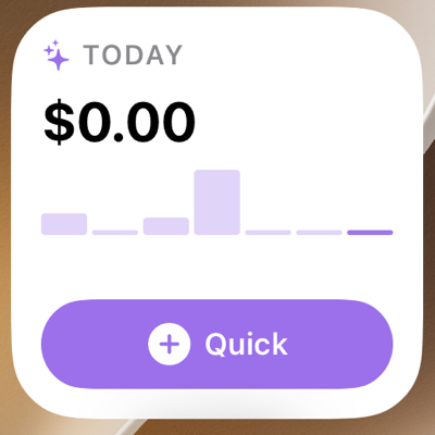The SpendPal Home Screen widget: today’s total, the week as bars, and a Quick button